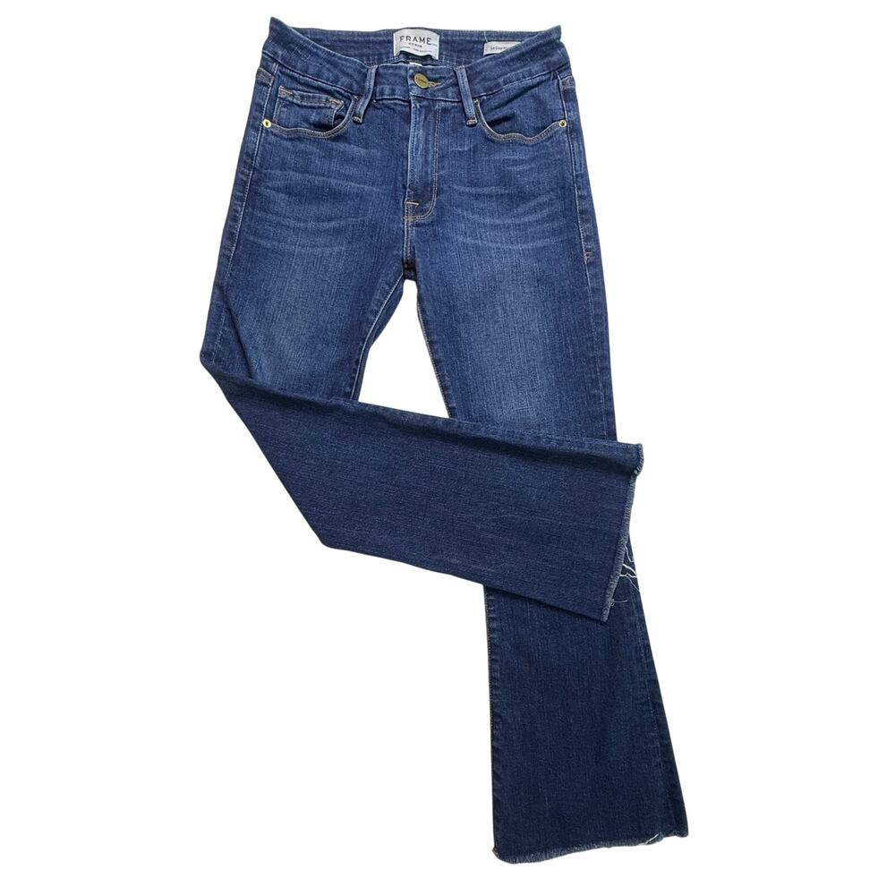 FRAME Le Crop Mini Boot Jeans Remsen Wash Blue Raw Hem Cropped Bootcut Size 25 - Picture 2 of 15